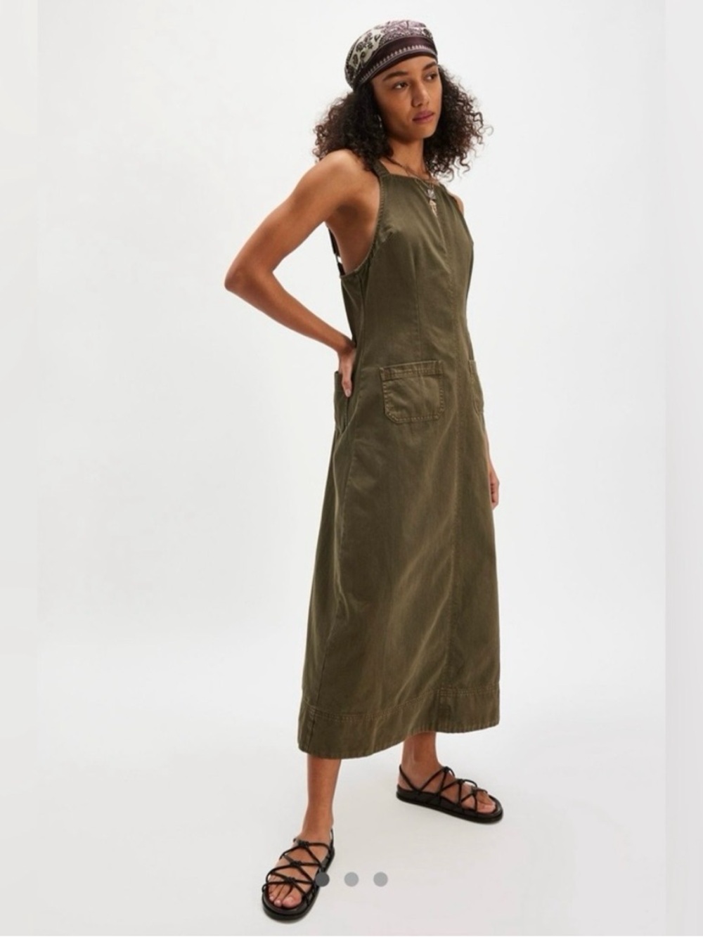 Free People Dex Denim Midi Dress in Olive Green NWT